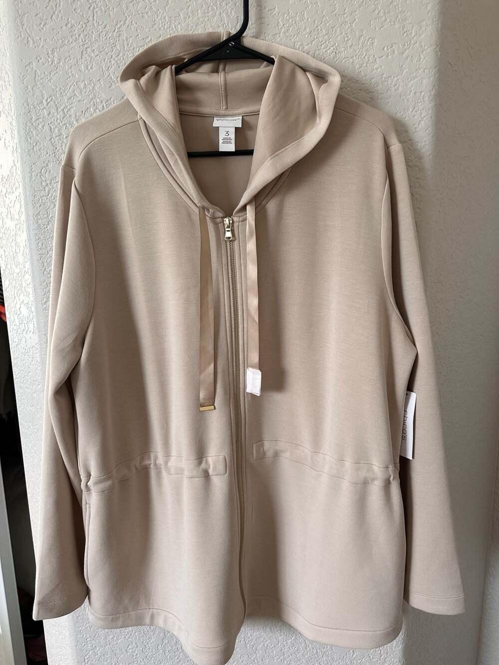 Weekends by Chicos Cinch-Waist Full Zip Hoodie JacketTaupe Size 3 or 16